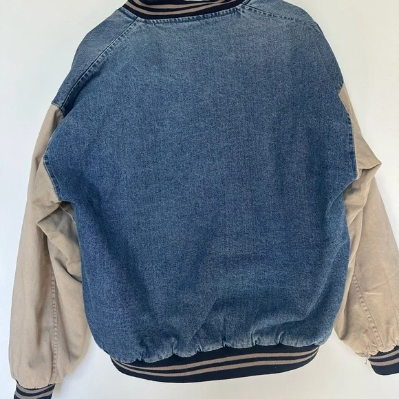 Denim Varsity Jacket with Beige Sleeves - Picture 5 of 5